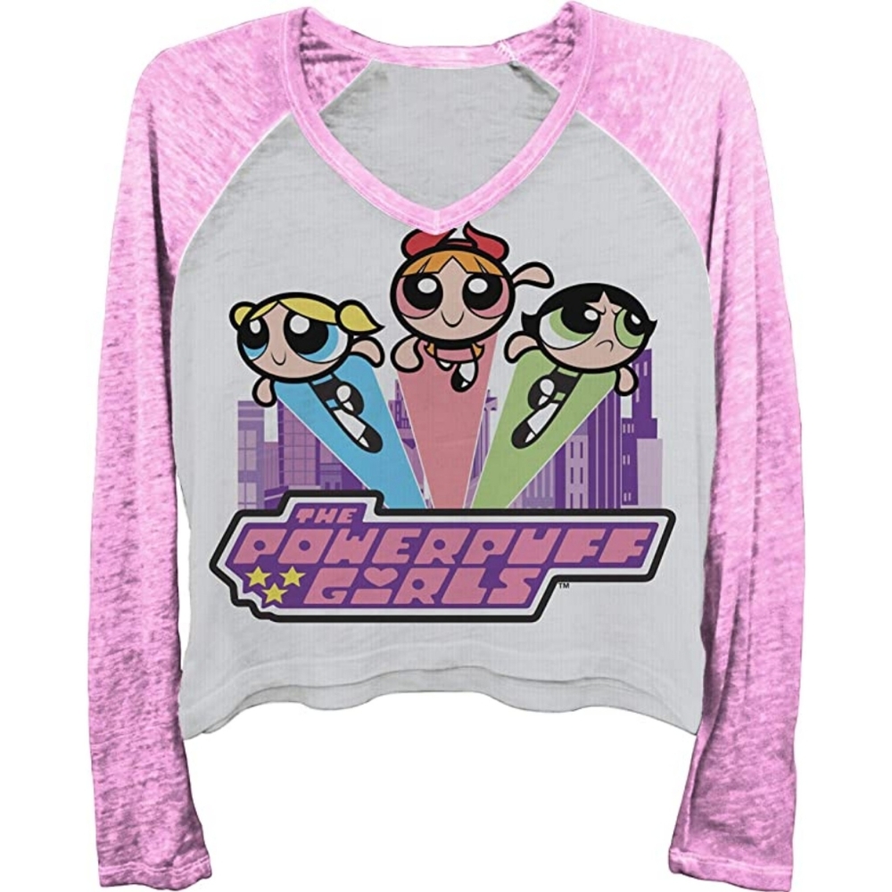 NWOT - Powerpuff Girls Gray Raglan Long Sleeve V-Neck Shirt